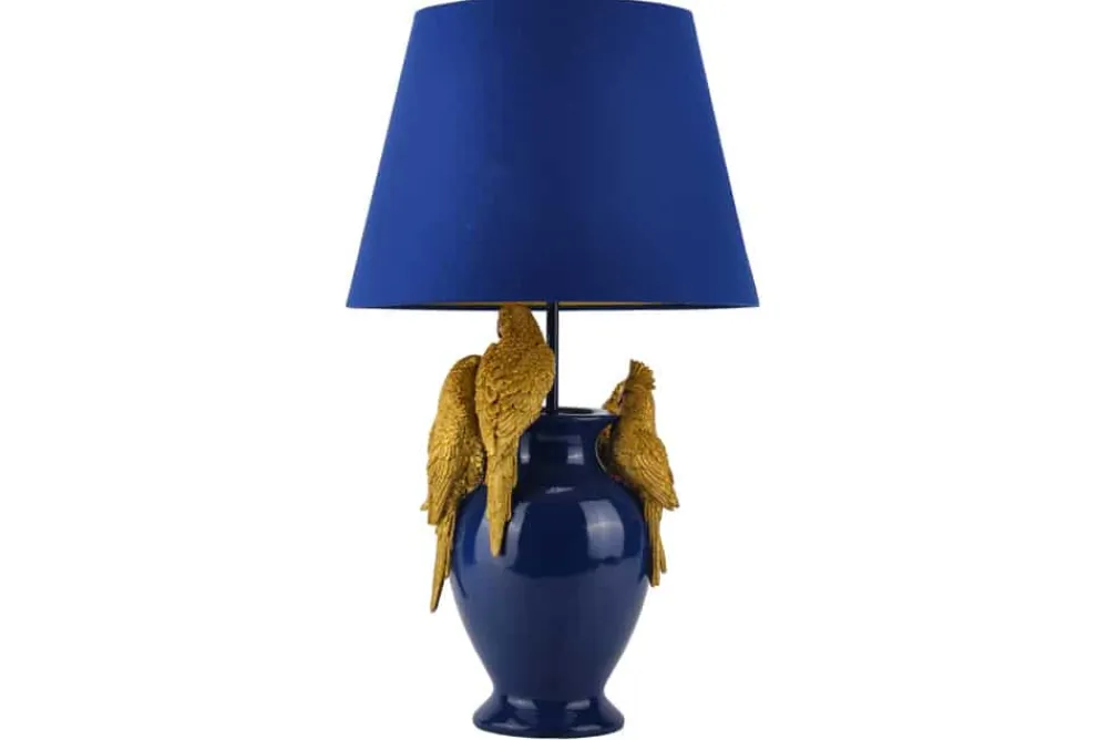 Riess-Ambiente Tischlampen > Handgefertigte Tischlampe PARROT 55cm blau gold Papagei-Skulptur Stoffschirm