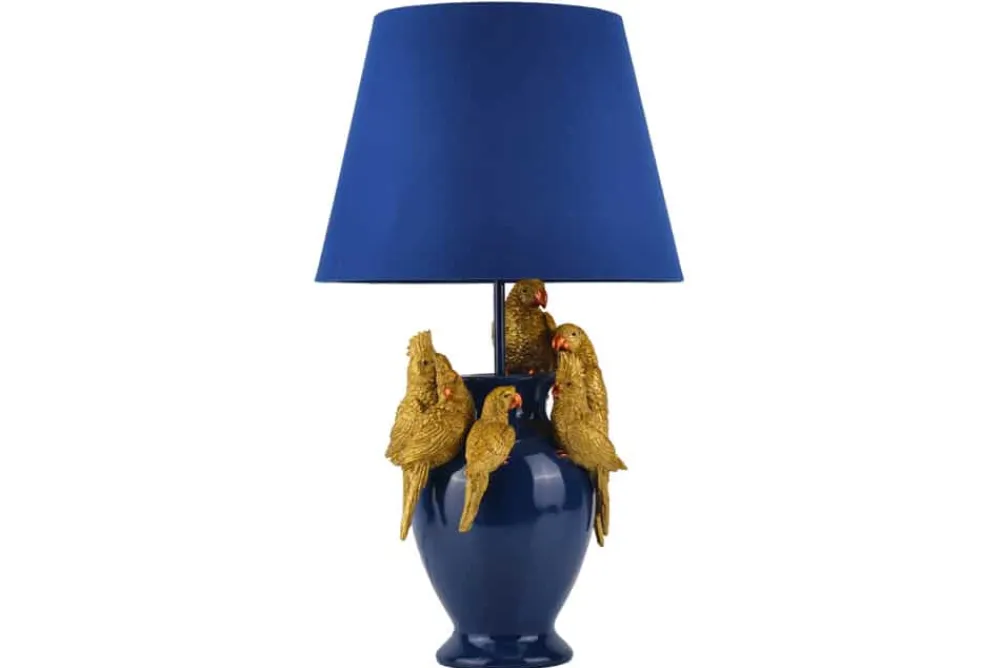 Riess-Ambiente Tischlampen > Handgefertigte Tischlampe PARROT 55cm blau gold Papagei-Skulptur Stoffschirm