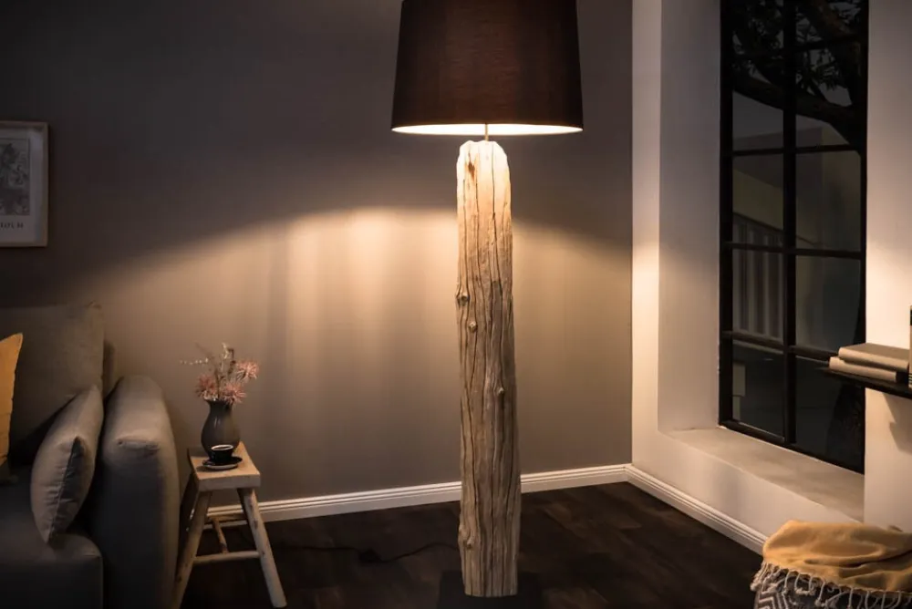 Riess-Ambiente Mehr...|Mehr... > Handmade Stehlampe ROUSILIQUE 180cm schwarz Treibholzlampe Leinenschirm Baumstamm