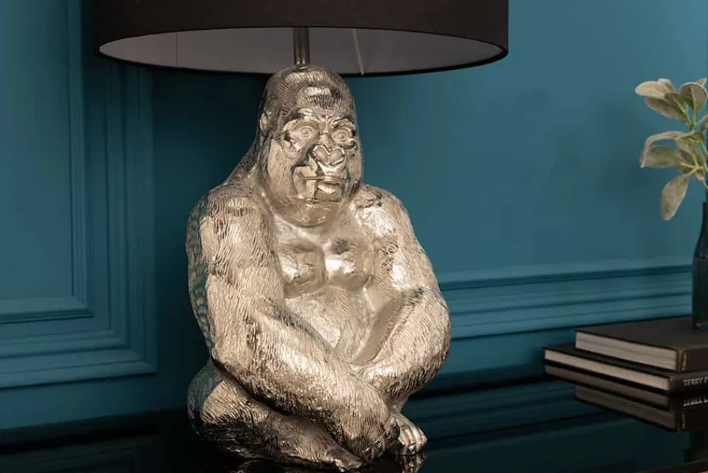 Riess-Ambiente Tischlampen > Handmade Tischlampe KONG 60cm silber Metall Affe Gorilla Dekoleuchte schwarzer Lampenschirm