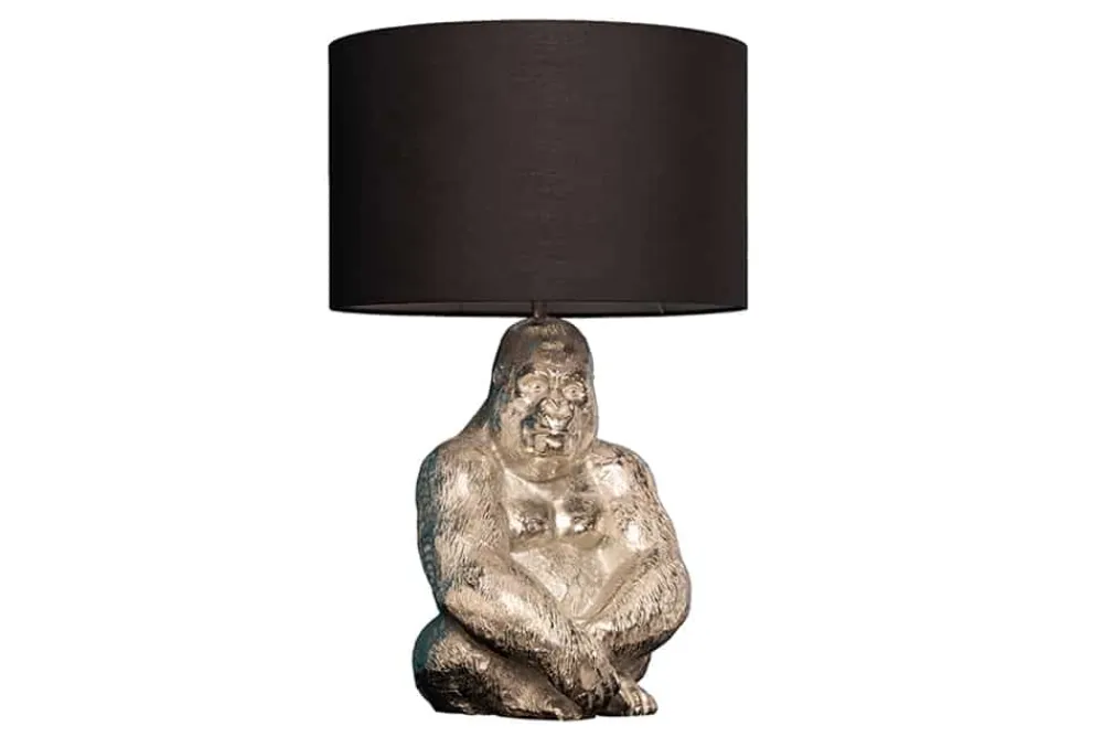 Riess-Ambiente Tischlampen > Handmade Tischlampe KONG 60cm silber Metall Affe Gorilla Dekoleuchte schwarzer Lampenschirm