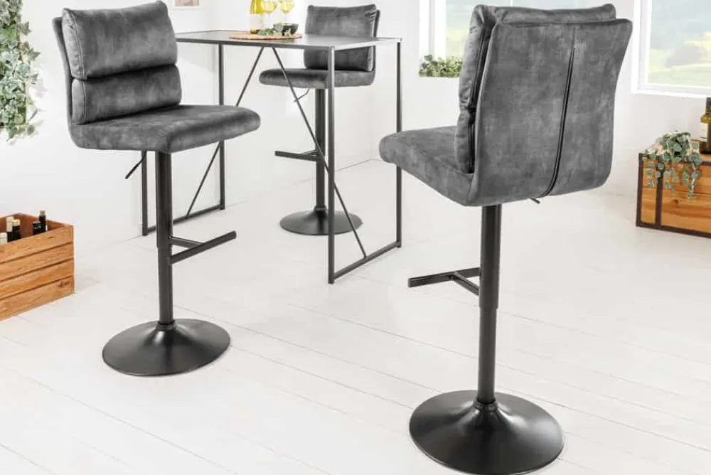 Riess-Ambiente Industrial Loft|Retro Möbel > Höhenverstellbarer Barhocker COMFORT dunkelgrau Samt drehbar mit Lehne Metall schwarz