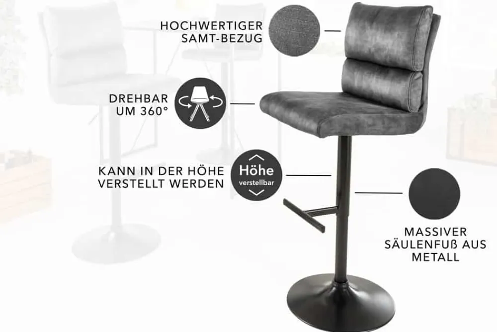 Riess-Ambiente Industrial Loft|Retro Möbel > Höhenverstellbarer Barhocker COMFORT dunkelgrau Samt drehbar mit Lehne Metall schwarz