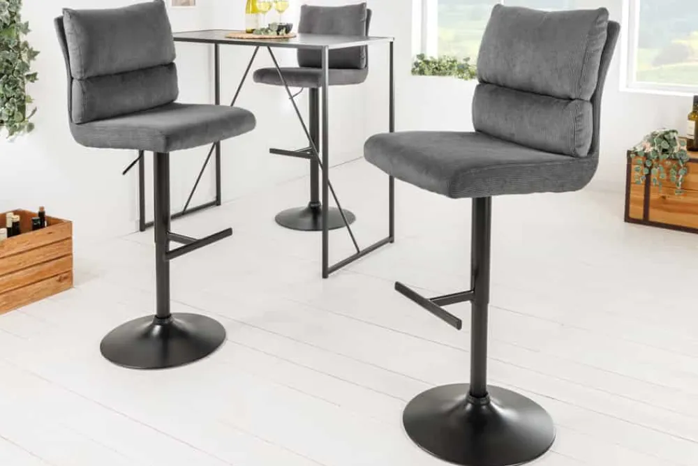Riess-Ambiente Industrial Loft|Retro Möbel > Höhenverstellbarer Barhocker COMFORT grau Cord drehbar mit Lehne Metall schwarz