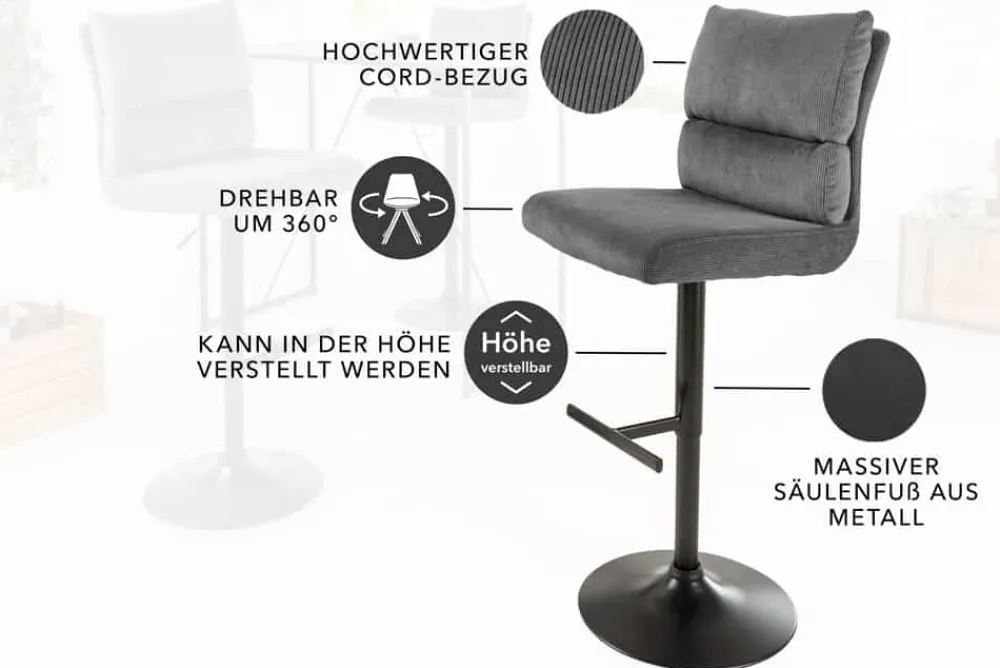 Riess-Ambiente Industrial Loft|Retro Möbel > Höhenverstellbarer Barhocker COMFORT grau Cord drehbar mit Lehne Metall schwarz