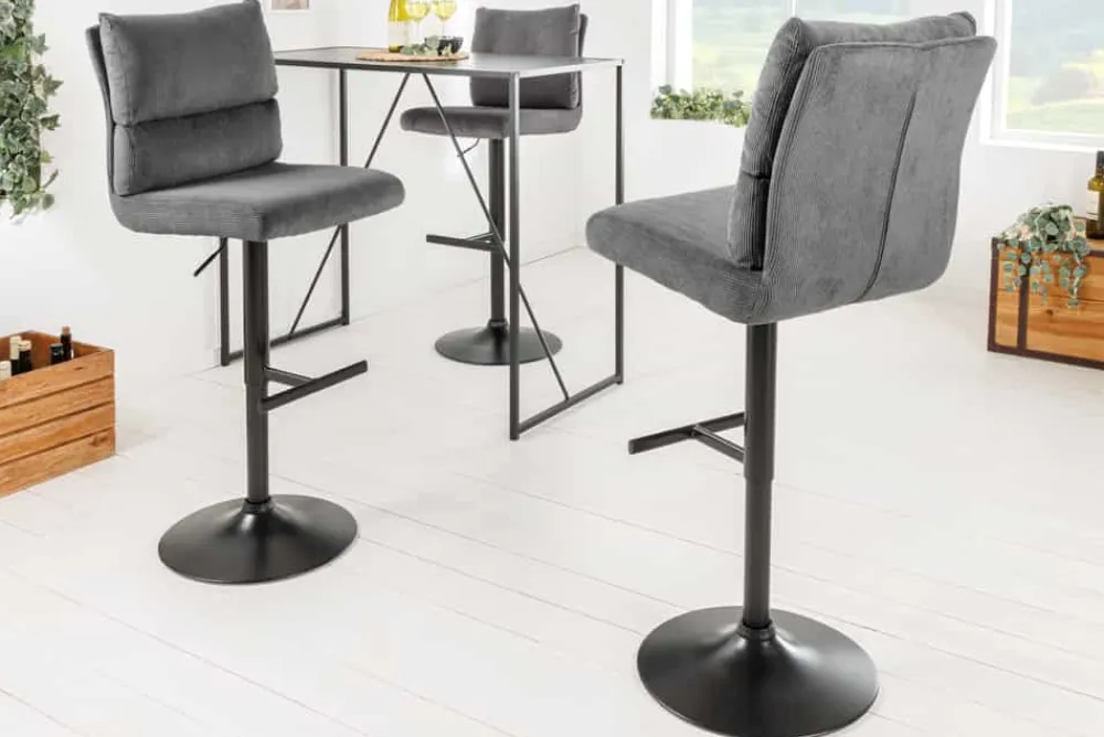 Riess-Ambiente Industrial Loft|Retro Möbel > Höhenverstellbarer Barhocker COMFORT grau Cord drehbar mit Lehne Metall schwarz