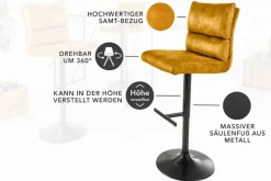 Riess-Ambiente Industrial Loft|Retro Möbel > Höhenverstellbarer Barhocker COMFORT senfgelb Samt drehbar mit Lehne Metall schwarz