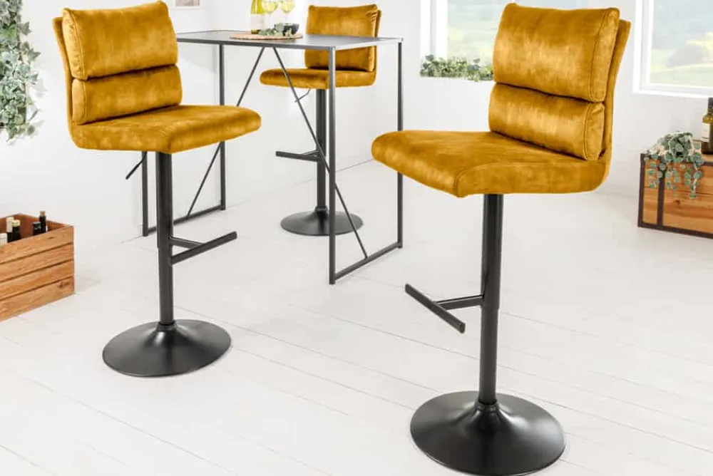 Riess-Ambiente Industrial Loft|Retro Möbel > Höhenverstellbarer Barhocker COMFORT senfgelb Samt drehbar mit Lehne Metall schwarz