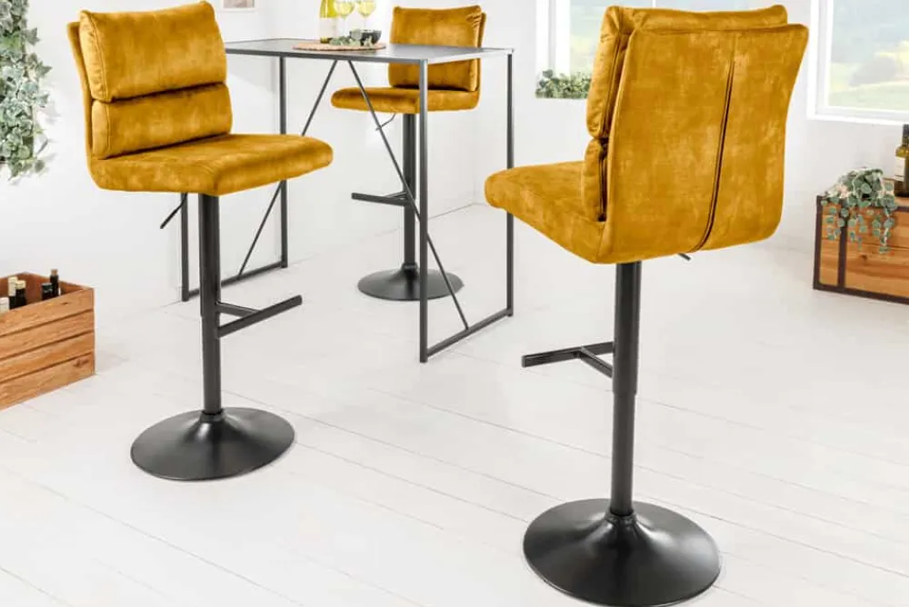 Riess-Ambiente Industrial Loft|Retro Möbel > Höhenverstellbarer Barhocker COMFORT senfgelb Samt drehbar mit Lehne Metall schwarz