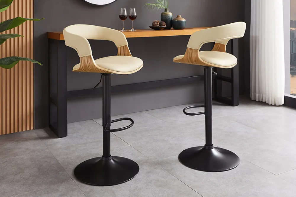Riess-Ambiente Retro Möbel|Barhocker > Höhenverstellbarer Barhocker MANHATTAN natur Eiche creme beige Kunstleder drehbar