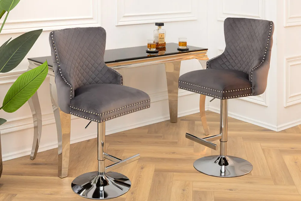 Riess-Ambiente Barhocker|Samt Möbel > Höhenverstellbarer Barhocker CASTLE DELUXE grau Samt silber Edelstahl Löwenkopf
