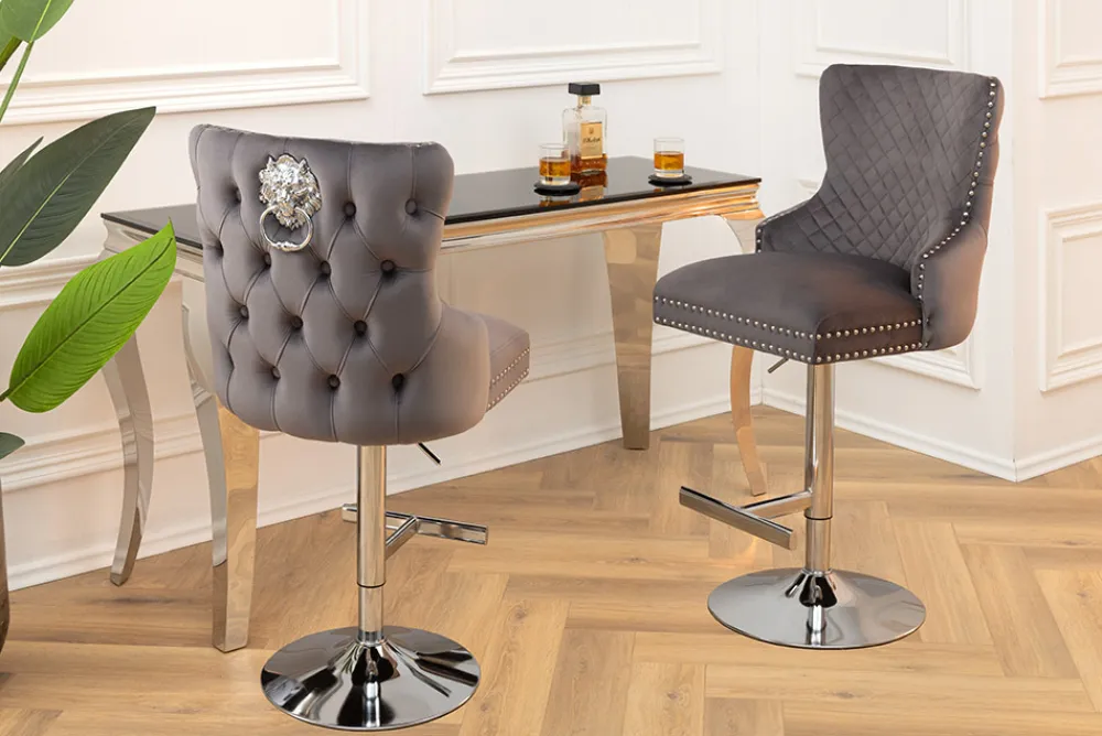 Riess-Ambiente Barhocker|Samt Möbel > Höhenverstellbarer Barhocker CASTLE DELUXE grau Samt silber Edelstahl Löwenkopf