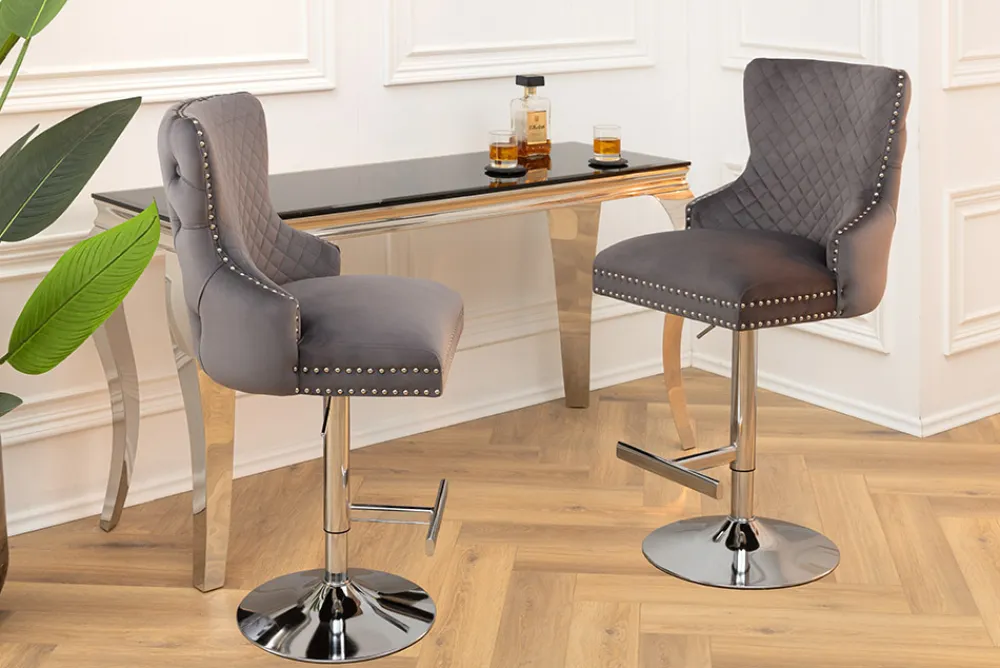 Riess-Ambiente Barhocker|Samt Möbel > Höhenverstellbarer Barhocker CASTLE DELUXE grau Samt silber Edelstahl Löwenkopf