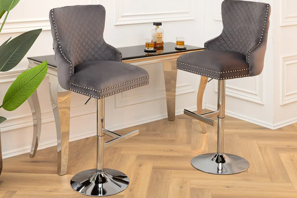 Riess-Ambiente Barhocker|Samt Möbel > Höhenverstellbarer Barhocker CASTLE DELUXE grau Samt silber Edelstahl Löwenkopf