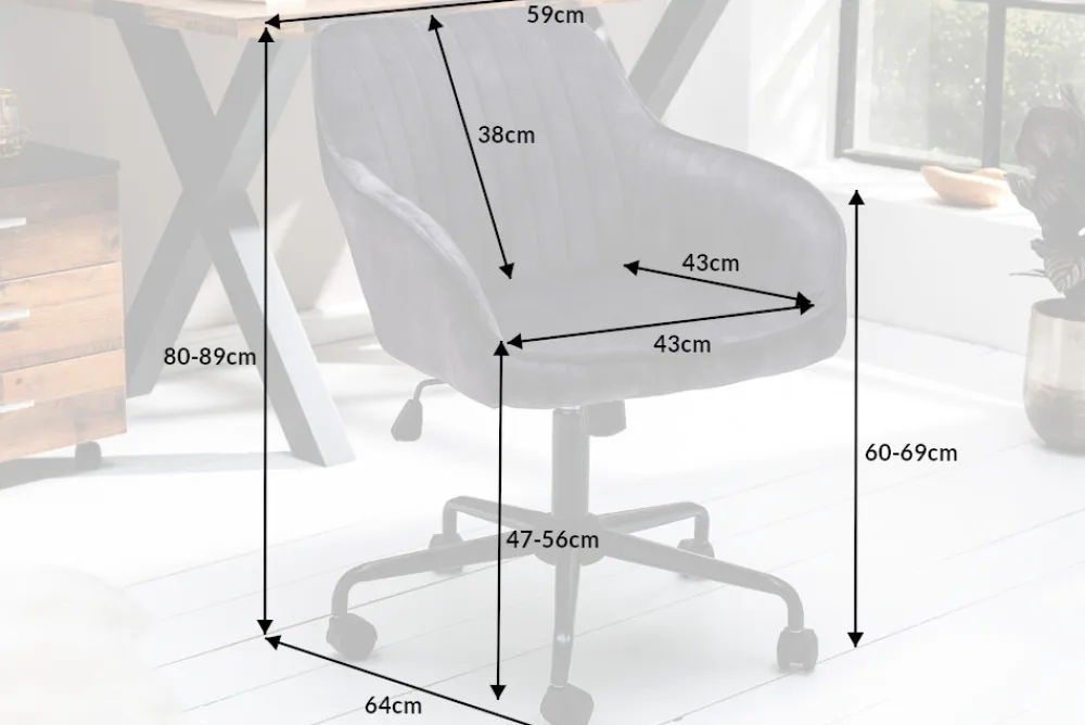Riess-Ambiente Samt Möbel|Industrial Loft > Höhenverstellbarer Bürostuhl TURIN dunkelgrau Samt mit Armlehne Drehstuhl