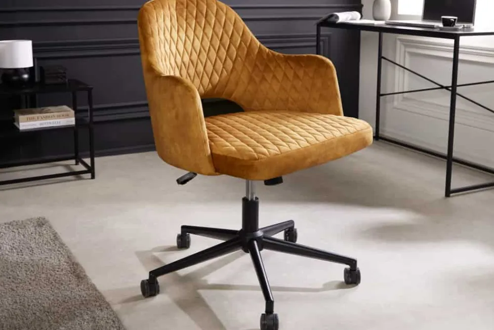 Riess-Ambiente Samt Möbel|Retro Möbel > Höhenverstellbarer Bürostuhl PARIS senfgelb Samt schwarz Armlehnen Drehstuhl