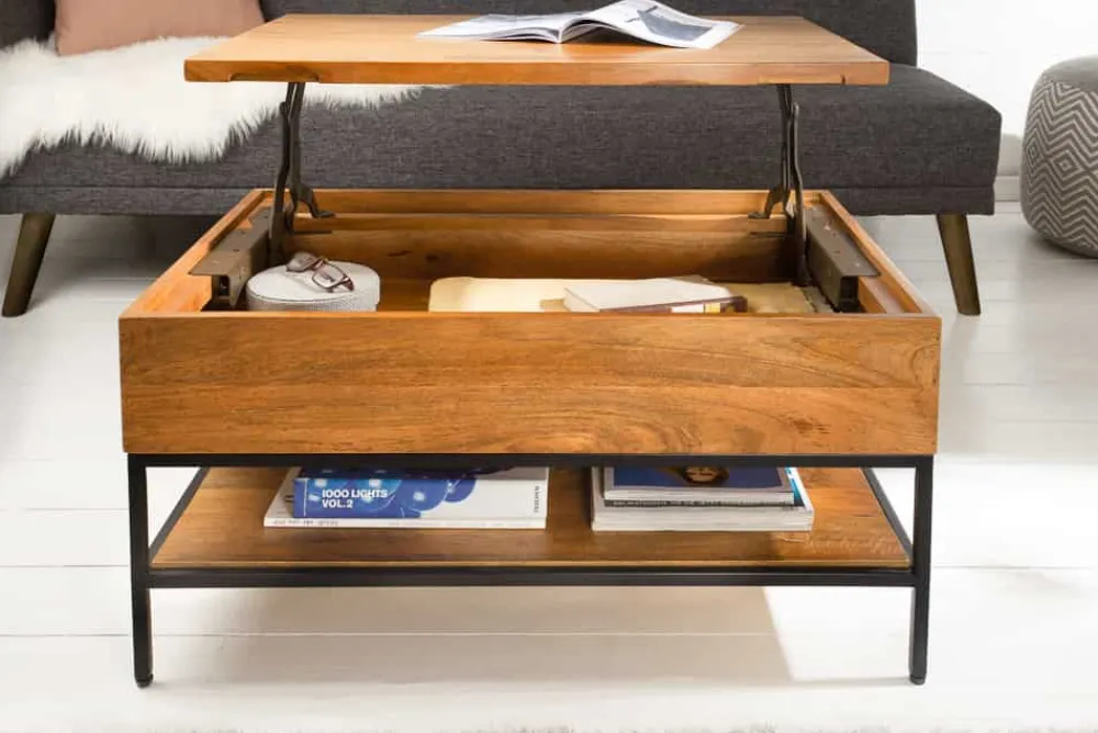 Riess-Ambiente Couchtische & Truhen|Mehr... > Höhenverstellbarer Couchtisch FACTORY LIFTUP 80cm Mangoholz massiv mit Stauraum Metall