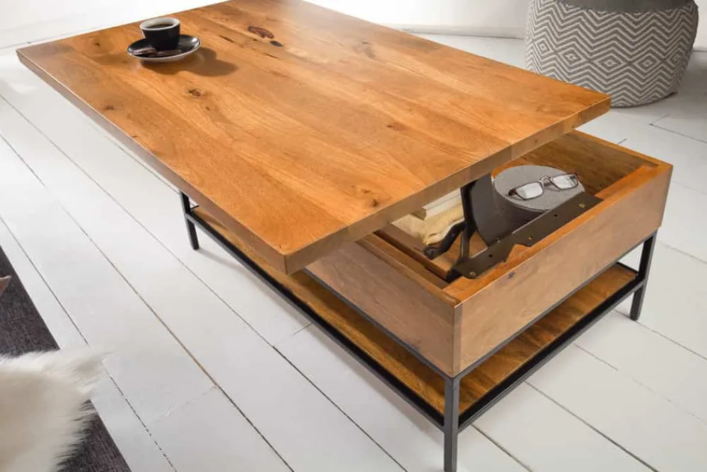 Riess-Ambiente Couchtische & Truhen|Mehr... > Höhenverstellbarer Couchtisch FACTORY LIFTUP 80cm Mangoholz massiv mit Stauraum Metall