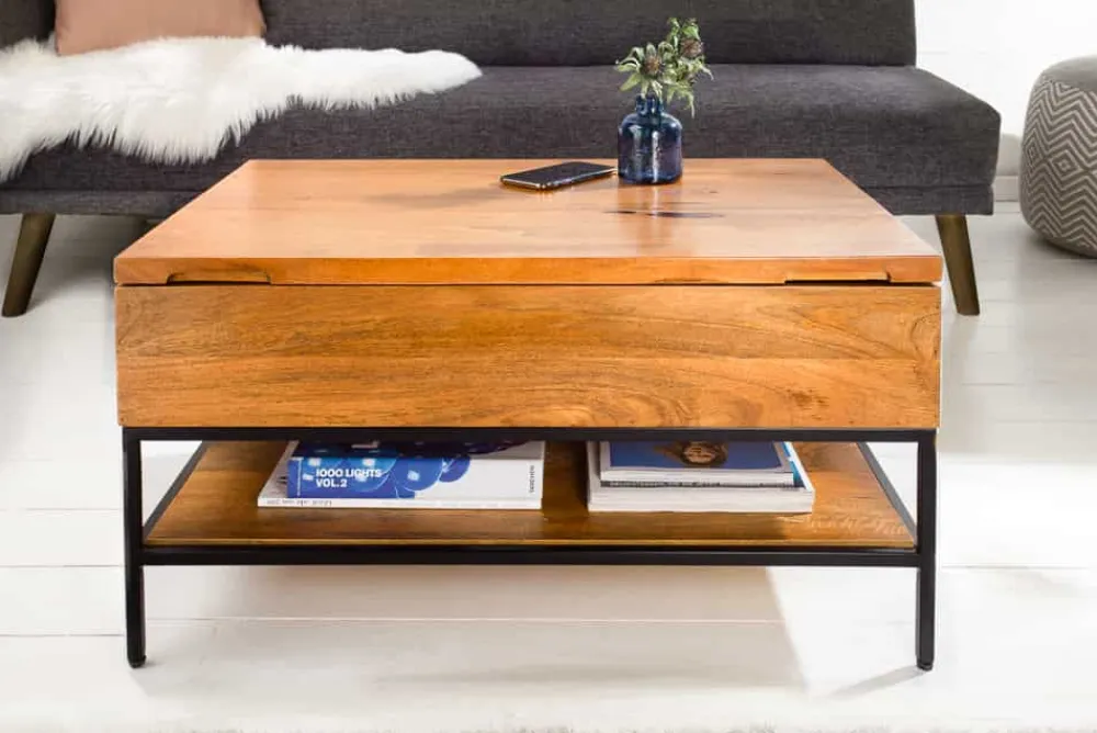 Riess-Ambiente Couchtische & Truhen|Mehr... > Höhenverstellbarer Couchtisch FACTORY LIFTUP 80cm Mangoholz massiv mit Stauraum Metall