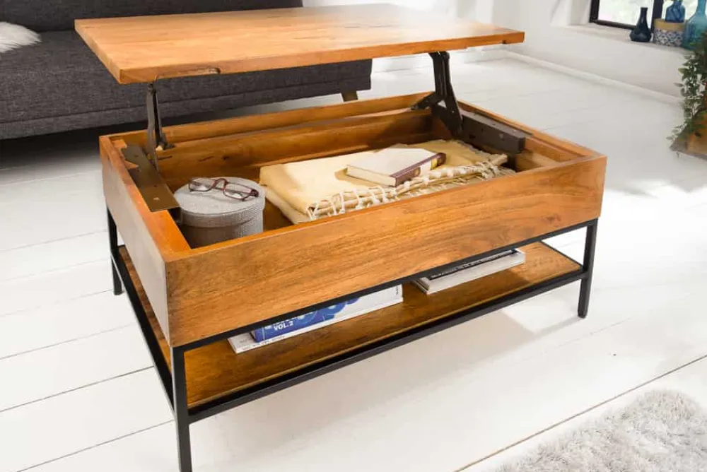 Riess-Ambiente Couchtische & Truhen|Mehr... > Höhenverstellbarer Couchtisch FACTORY LIFTUP 80cm Mangoholz massiv mit Stauraum Metall