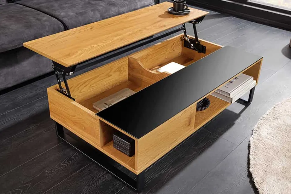 Riess-Ambiente Industrial Loft|Couchtische & Truhen > Höhenverstellbarer Couchtisch APARTMENT 110cm natur Eiche schwarz Metall Stauraum