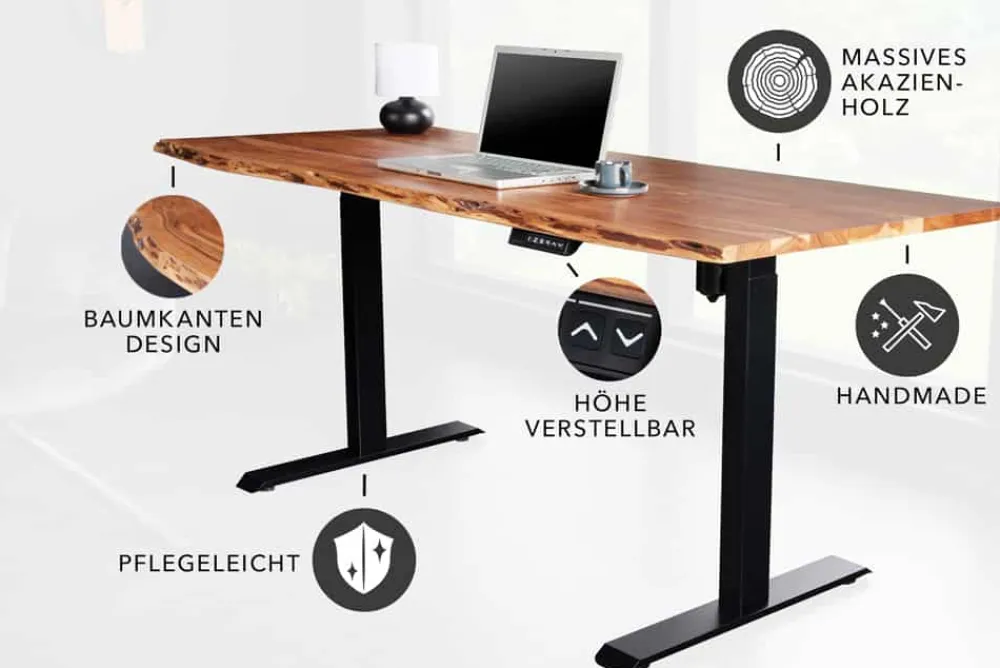 Riess-Ambiente Mehr...|Mehr... > Höhenverstellbarer Schreibtisch MAMMUT 140cm natur Akazie Massivholz Baumkante
