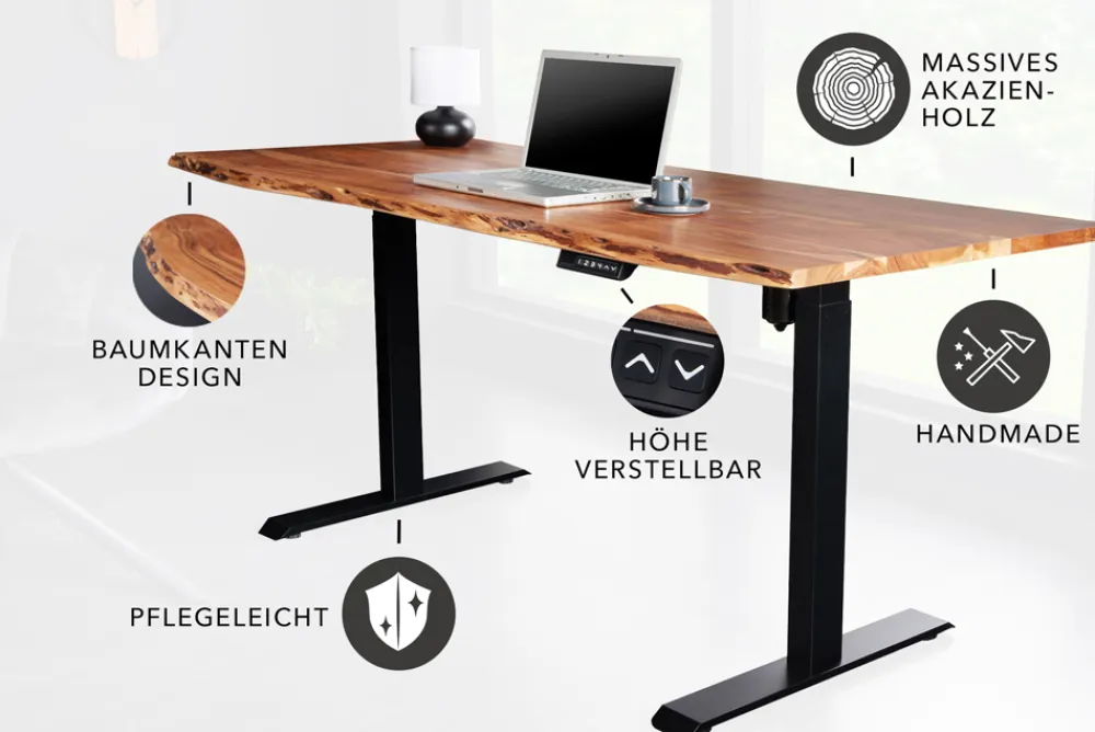 Riess-Ambiente Mehr...|Mehr... > Höhenverstellbarer Schreibtisch MAMMUT 120cm natur Akazie Massivholz Baumkante