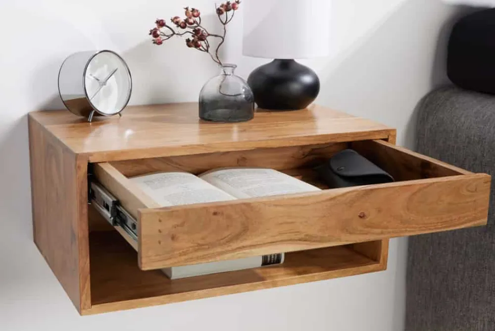 Riess-Ambiente Nachttische > Hängender Nachttisch PURE 50cm braun Akazie Massivholz honey finish Schublade