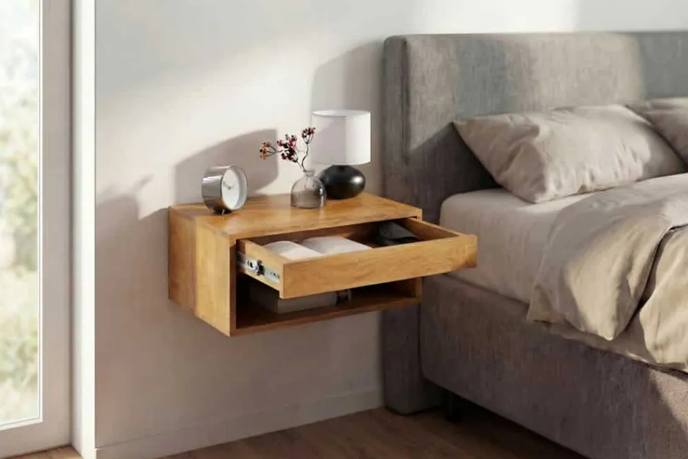 Riess-Ambiente Skandinavisch|Mehr... > Hängender Nachttisch PURE 50cm braun Mangoholz honey finish Wandregal Schublade