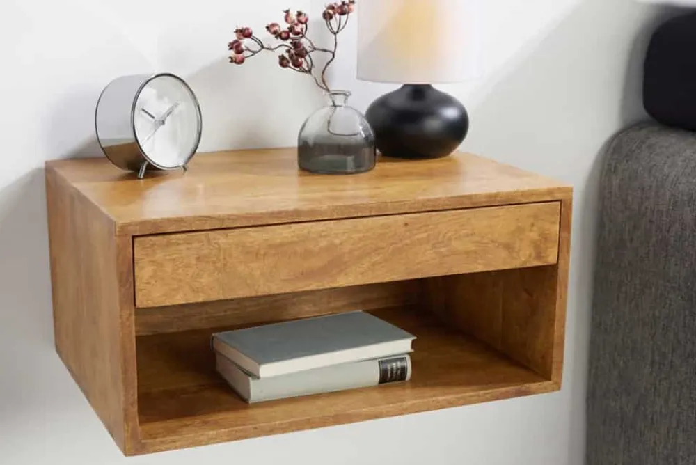 Riess-Ambiente Skandinavisch|Mehr... > Hängender Nachttisch PURE 50cm braun Mangoholz honey finish Wandregal Schublade