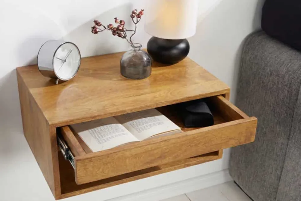 Riess-Ambiente Skandinavisch|Mehr... > Hängender Nachttisch PURE 50cm braun Mangoholz honey finish Wandregal Schublade