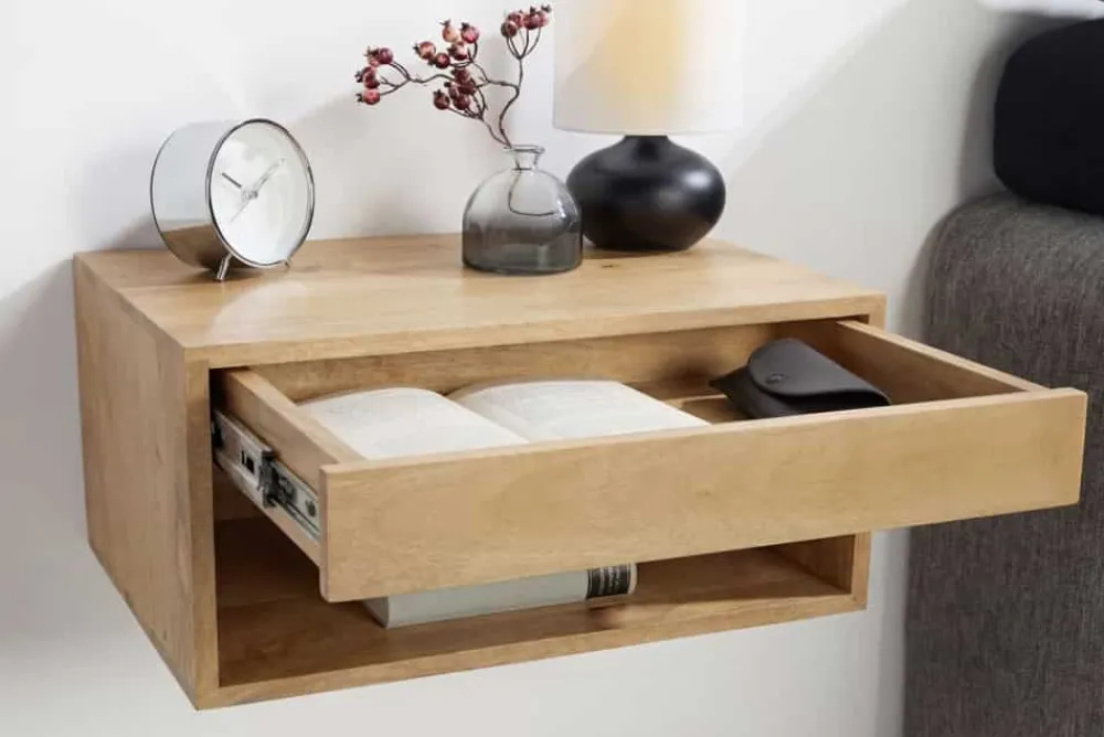 Riess-Ambiente Skandinavisch|Mehr... > Hängender Nachttisch PURE 50cm natur Mangoholz cream finish Wandregal Schublade