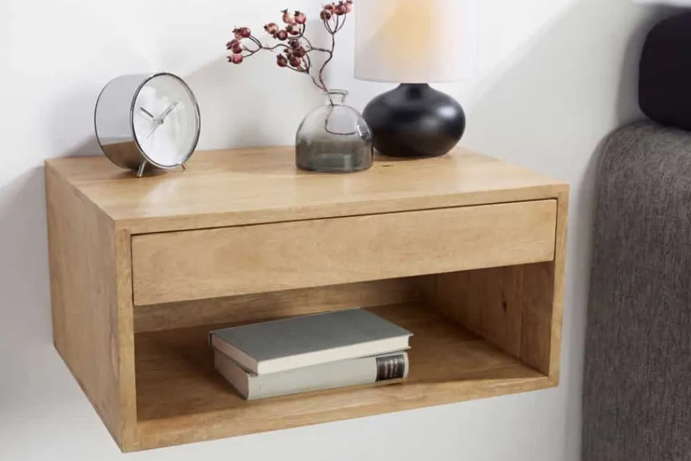 Riess-Ambiente Skandinavisch|Mehr... > Hängender Nachttisch PURE 50cm natur Mangoholz cream finish Wandregal Schublade
