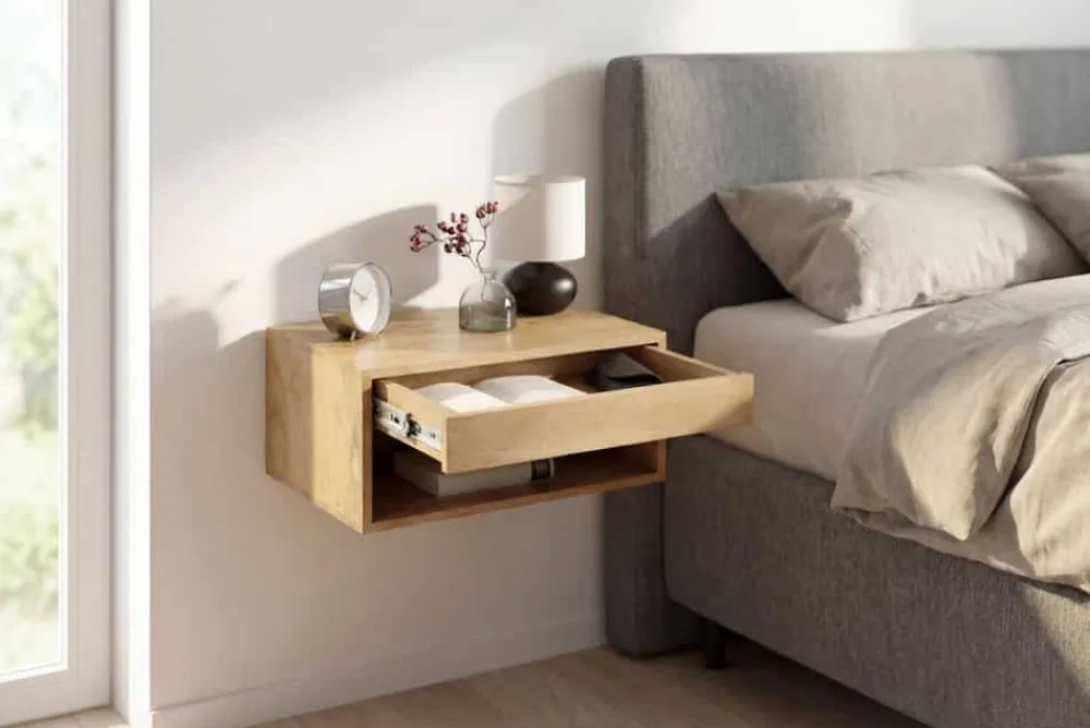 Riess-Ambiente Skandinavisch|Mehr... > Hängender Nachttisch PURE 50cm natur Mangoholz cream finish Wandregal Schublade