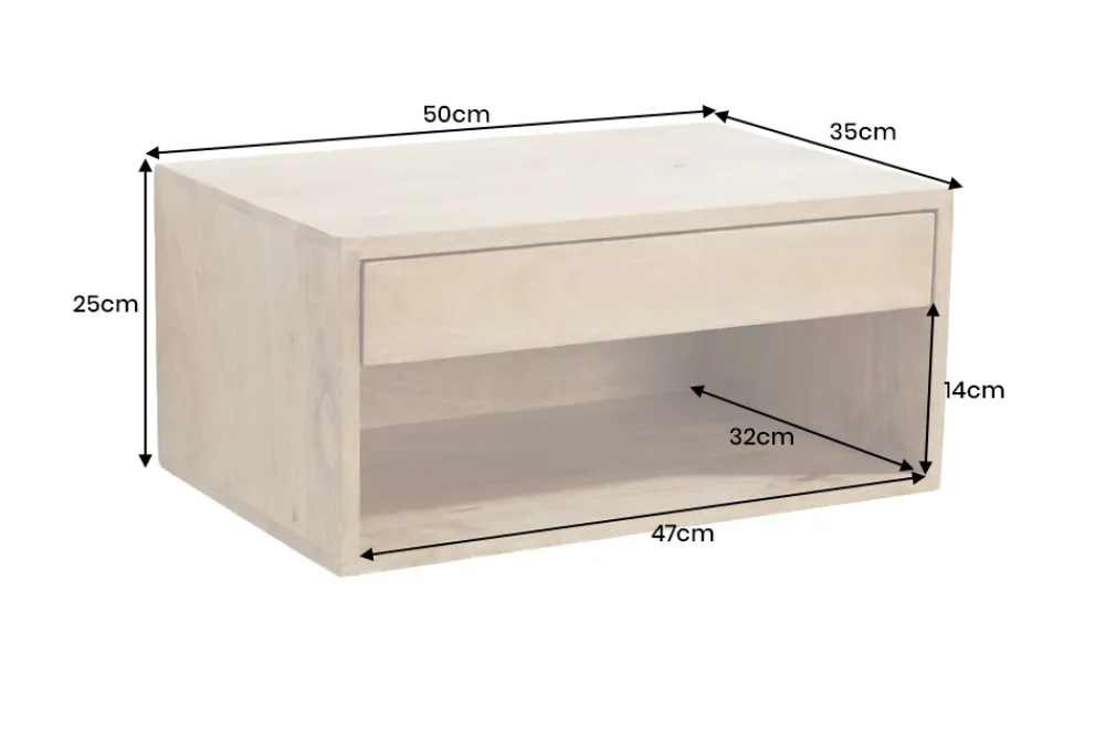 Riess-Ambiente Skandinavisch|Mehr... > Hängender Nachttisch PURE 50cm natur Mangoholz cream finish Wandregal Schublade