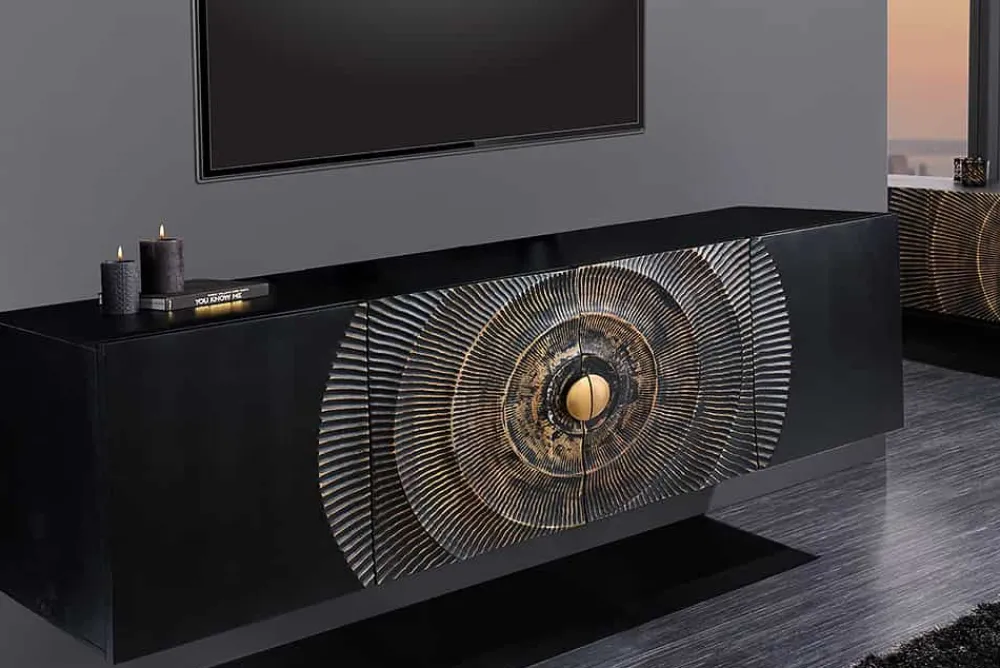 Riess-Ambiente Mehr...|Massivholzschränke > Hängendes Sideboard GOLDEN SUNSET 180cm schwarz mit 3D Schnitzereien gold massiv Mangoholz handmade