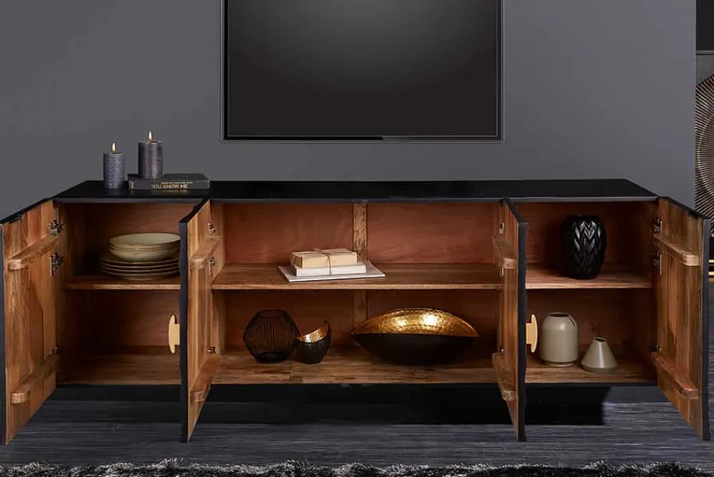 Riess-Ambiente Mehr...|Massivholzschränke > Hängendes Sideboard GOLDEN SUNSET 180cm schwarz mit 3D Schnitzereien gold massiv Mangoholz handmade