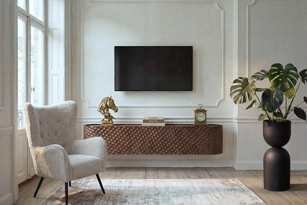 Riess-Ambiente Retro Möbel|Tv- & Lowboards > Hängendes TV-Board ADLON 160cm braun Mangoholz massive 3D-Front in Wabenstruktur