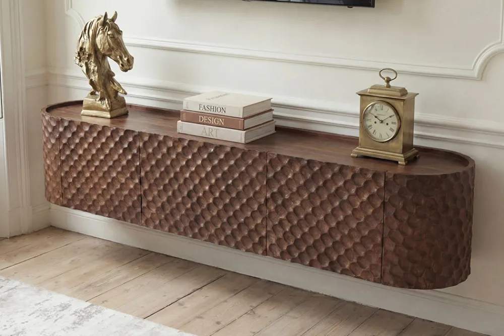 Riess-Ambiente Retro Möbel|Tv- & Lowboards > Hängendes TV-Board ADLON 160cm braun Mangoholz massive 3D-Front in Wabenstruktur
