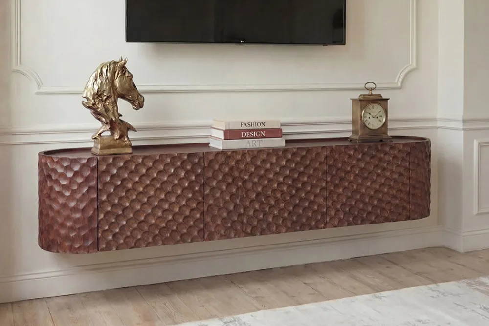 Riess-Ambiente Retro Möbel|Tv- & Lowboards > Hängendes TV-Board ADLON 160cm braun Mangoholz massive 3D-Front in Wabenstruktur
