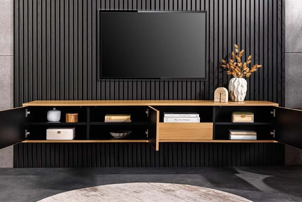 Riess-Ambiente Skandinavisch|Tv- & Lowboards > Hängendes TV-Board LOFT 200cm natur schwarz sieben Fächer mit Schublade