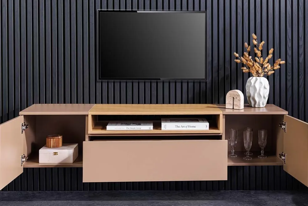 Riess-Ambiente Skandinavisch|Tv- & Lowboards > Hängendes TV-Board LOFT 160cm natur grau beige greige drei Fächer mit Schublade
