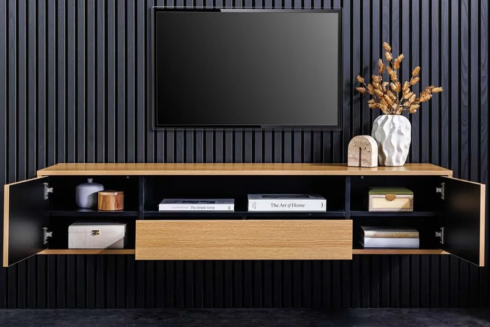 Riess-Ambiente Skandinavisch|Tv- & Lowboards > Hängendes TV-Board LOFT 150cm natur schwarz fünf Fächer mit Schublade