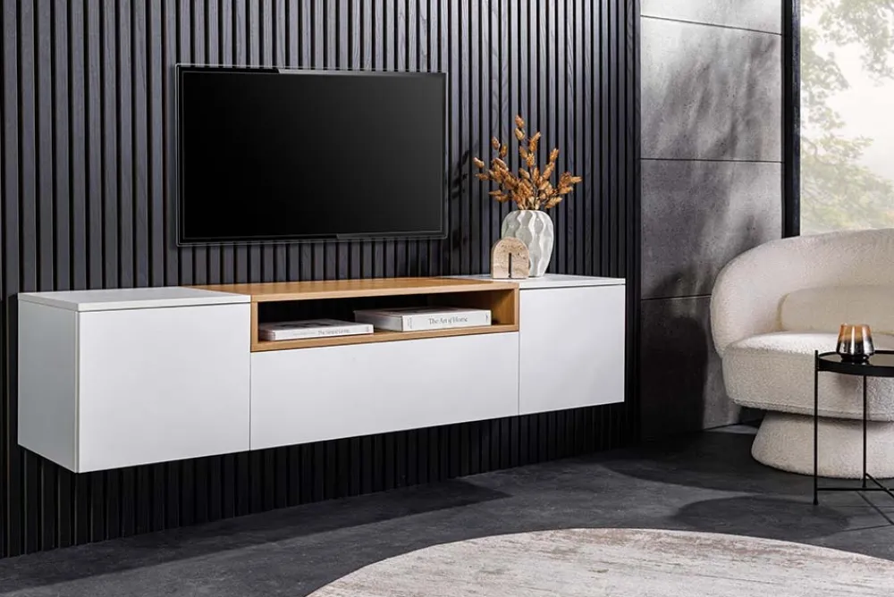 Riess-Ambiente Skandinavisch|Tv- & Lowboards > Hängendes TV-Board LOFT 160cm weiß natur drei Fächer mit Schublade
