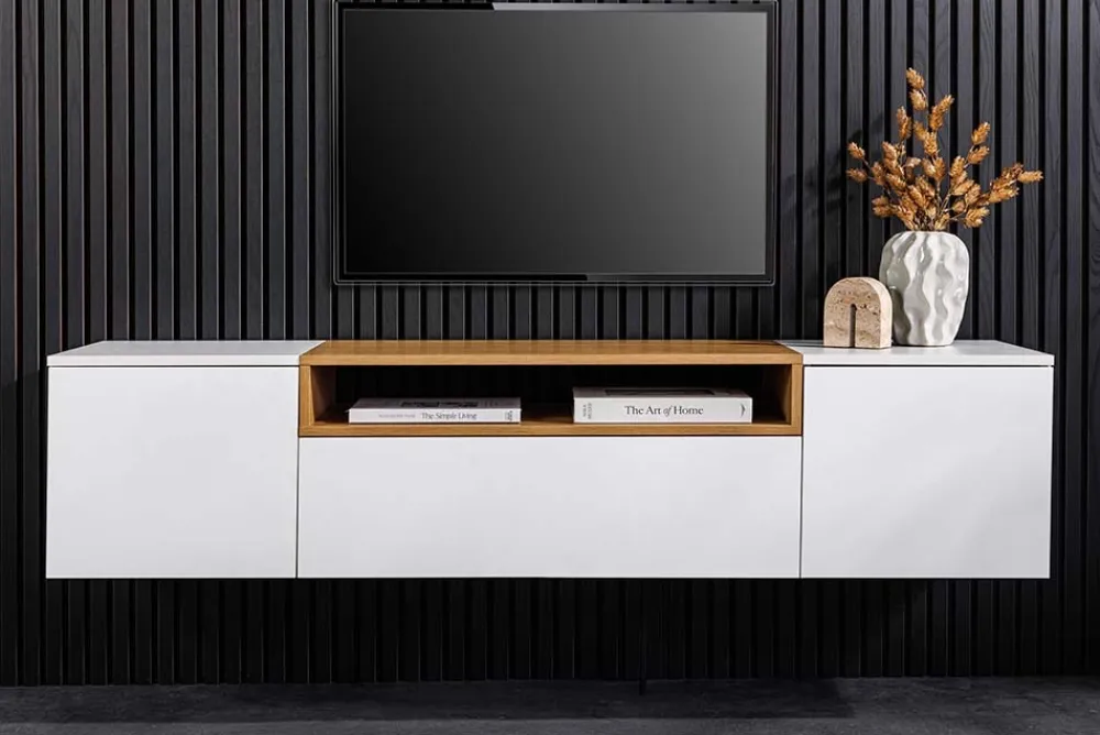 Riess-Ambiente Skandinavisch|Tv- & Lowboards > Hängendes TV-Board LOFT 160cm weiß natur drei Fächer mit Schublade