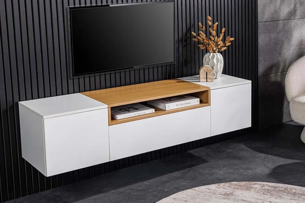 Riess-Ambiente Skandinavisch|Tv- & Lowboards > Hängendes TV-Board LOFT 160cm weiß natur drei Fächer mit Schublade
