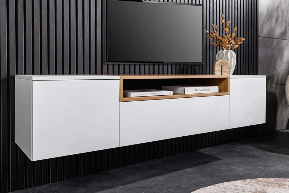 Riess-Ambiente Skandinavisch|Tv- & Lowboards > Hängendes TV-Board LOFT 160cm weiß natur drei Fächer mit Schublade