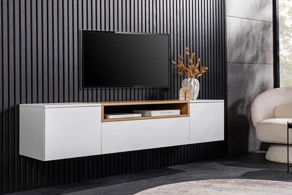 Riess-Ambiente Skandinavisch|Tv- & Lowboards > Hängendes TV-Board LOFT 160cm weiß natur drei Fächer mit Schublade