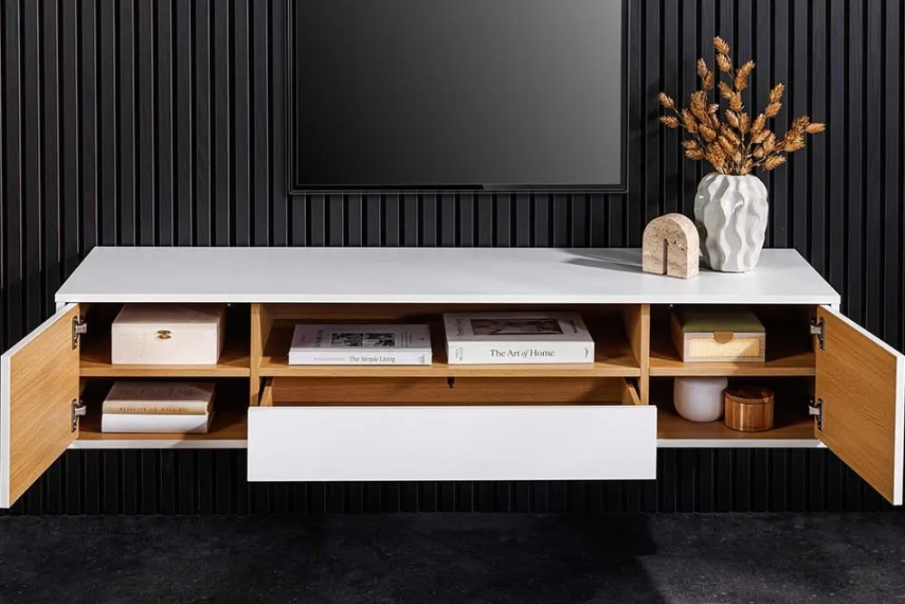 Riess-Ambiente Skandinavisch|Tv- & Lowboards > Hängendes TV-Board LOFT 150cm weiß natur fünf Fächer mit Schublade