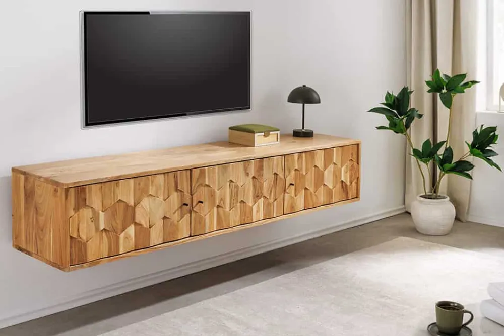 Riess-Ambiente Mehr...|Retro Möbel > Hängendes TV-Board MYSTIC LIVING 160cm Akazie natur 3D Oberfläche Massivholz
